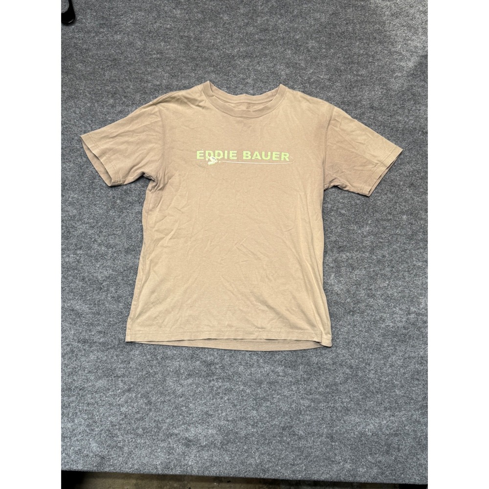 Eddie Bauer Men Small Tan Graphic T-Shirt Short Sleeve Fishing Lure Logo Tee